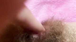Pulsating clit orgasm close up masturbation and grool play with bushy snatch