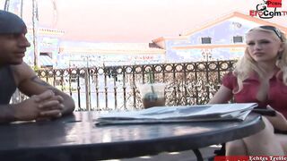Blonde Barely Legal with gigantic boobies pick up inside a cafe