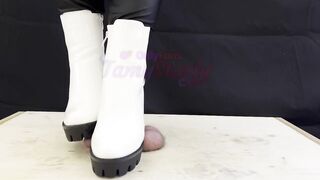 Crushing and Trampling Sub's Penis into White Dangerous Heeled Boots - CBT