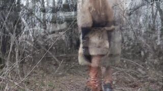 Public sex with red head 19 year old inside winter forest. Risky outside screwed