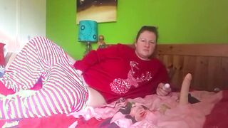 BBW Cozying up into her Christmas pyjamas and pleasuring herself with real feel sex toy while filming it all for me