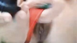 Anal and vaginal, Goddess blonde showing off into red dress and lingerie masturbating with 20X3 ebony sex toy inside twat and booty, M