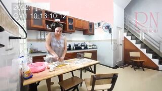 Ravioli Time! A nude housekeeper works into the hotel kitchen. Depraved housekeeper works inside the kitchen without underwear.