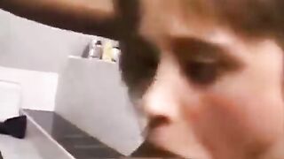 3 blacks caught a young bombshell inside the toilet and fuck her with long cocks