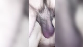 Unshaved nuts and bushy clitoris with lots of sperm