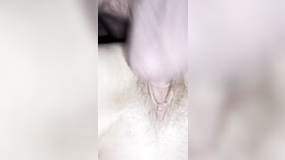 Unshaved nuts and bushy clitoris with lots of sperm