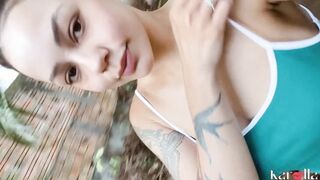 Young sluts pissing into the backyard meets a gardener and