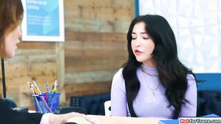 Intern is fucked by big tit shemale boss