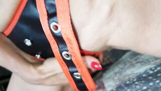Zhoe tries on a double strap-on inside leather briefs