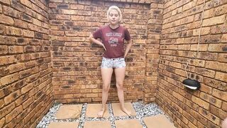 Compilation of beauty blonde pee herself outdoors inside different outfits