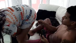 My vulgar stepmom interrupts my game to suck my penis.