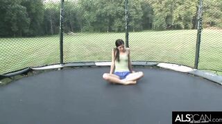 Thin 19 year old Yo Jumps on Trampoline and Masturbates