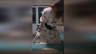 She covered his face with a dress and enjoyed how he licks her cunt
