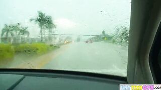 BrookeSkye fingers soak vagina on vehicle while raining public