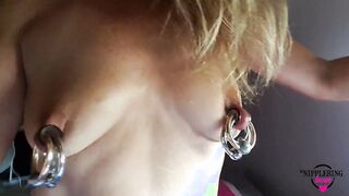 Nippleringlover freaky MILF nude inside bed fingered pierced vagina, double nipple rings inside intense pierced nipples