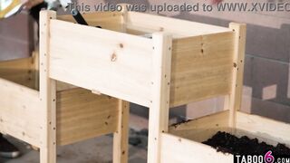 Garden workers tag team lesbo Charlotte Sins roughly into a