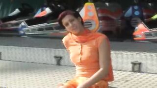 Crazy Hot German hoe dildoing her pierced muff inside the luna park