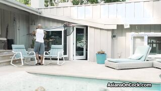 Pool side big black cocking of Asian bikini beauty