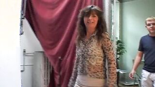 Vulgar dark haired lady from Germany blowing and rides a young penis