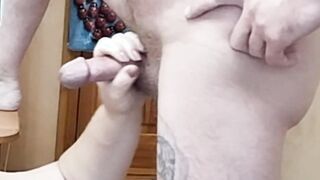fat woman jerks off my penis to a jizzed taking cum on herself close up