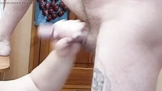 fat woman jerks off my penis to a jizzed taking cum on herself close up