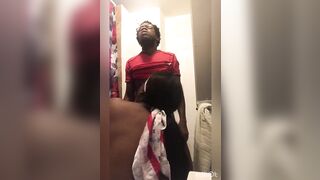 Restroom sloppy Bj from stepsister home cunt with mouth while she was using the Bathroom