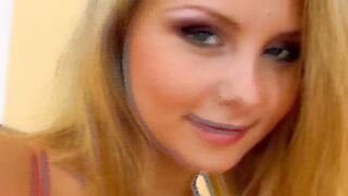 German blonde bimbo stuffing a large toy into her bald muff