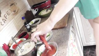 Naked Cooking. Nude mommy Blonde cougar Frina continues naked kitchen