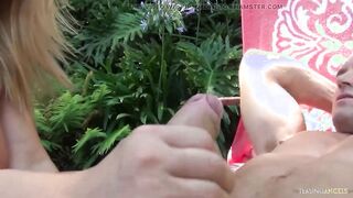 Excited blonde gets fingers outdoor before being railed