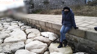 Fully clothed crossed legs orgasm near construction site