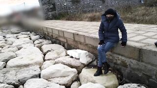 Fully clothed crossed legs orgasm near construction site