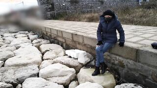 Fully clothed crossed legs orgasm near construction site