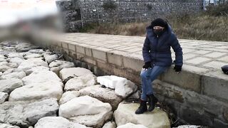 Fully clothed crossed legs orgasm near construction site