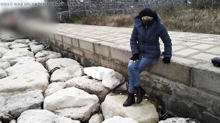 Fully clothed crossed legs orgasm near construction site