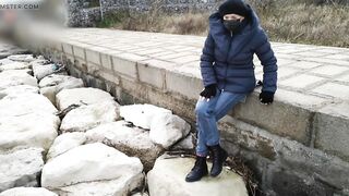 Fully clothed crossed legs orgasm near construction site