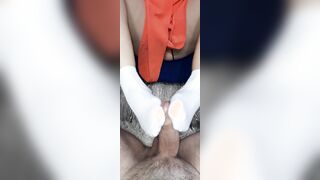 She jerked off her legs and he finished on them