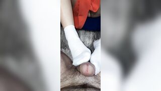 She jerked off her legs and he finished on them