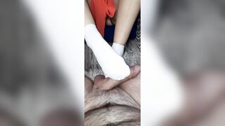 She jerked off her legs and he finished on them