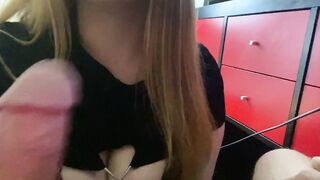 Big Tit blonde blows penis and offer titjob until cummed inside her mouth