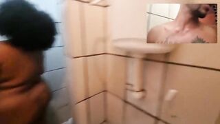 Fat bbw busted taking a shower and falling inside the african boy