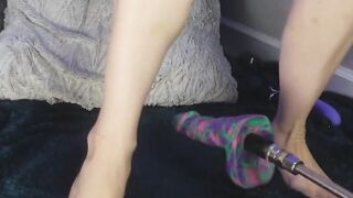 whore with anal plug banging tough with a sex machine and feels a tearing orgasm with squirt all over the bed