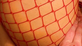 Milf ex-wife into red fishnets fucks and give a crazy sexy hand job