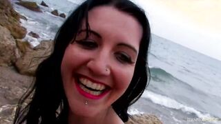 Getting soak at the beach makes the tatted dark haired desperate