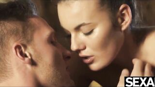 View her huge natural tits bouncing as she ride his rigid penis