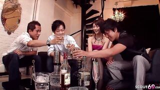 Multiple Cummed for Petite Japanese 18 inside Club by 3 Men