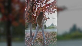 Longpussy, Sheer Leggings, Diapers and a Monstrous Ass Plug inside Outdoor on a gray Day.
