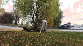 Longpussy, Sheer Leggings, Diapers and a Monstrous Ass Plug inside Outdoor on a gray Day.