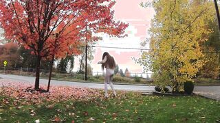 Longpussy, Sheer Leggings, Diapers and a Monstrous Ass Plug inside Outdoor on a gray Day.