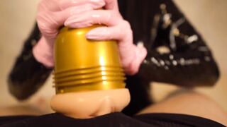 Fleshlight Twat Hand Job with Gloves end into Big Creampie