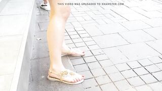 her Bae toes red foot legs into new sandals